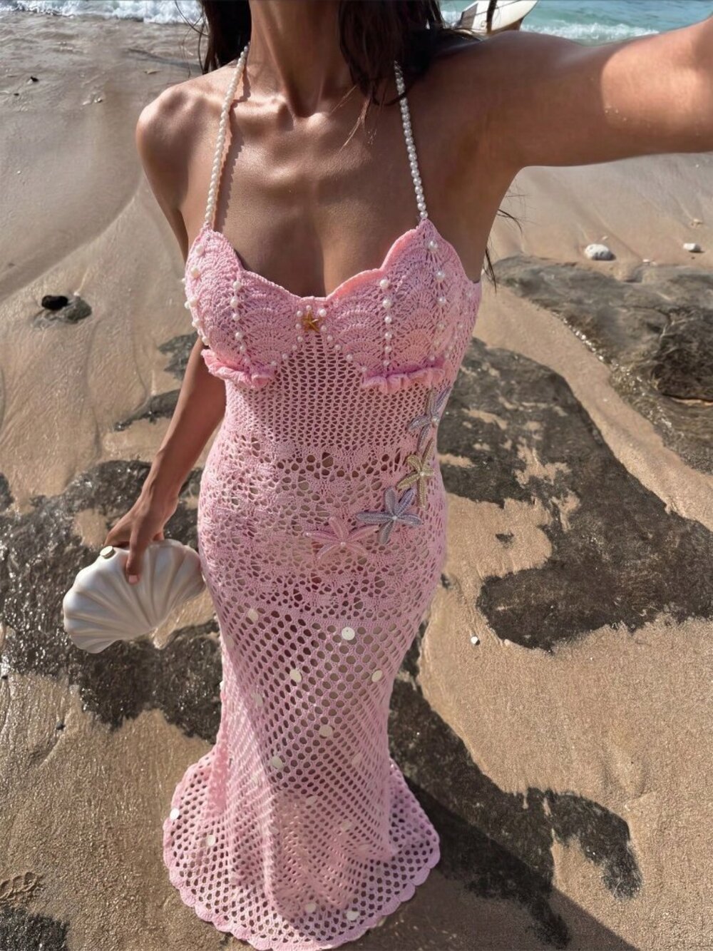 Pink Elegant Women's Mermaid Cover-Up Dress with Pearl Flowers